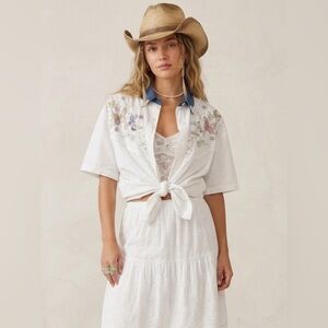 VTG 90s Jane Ashley Embroidered Butterfly Western Pearl Denim Collar Shirt Large